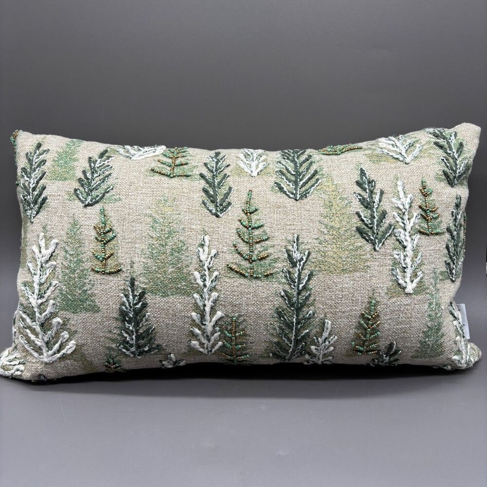 Tommy Bahama Lumbar Throw Pillow Pine Trees Embroidered Beaded Christmas Decor